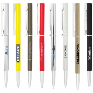 A collection of metal ball pens in various colours, featuring different logos and branding, displayed side by side.