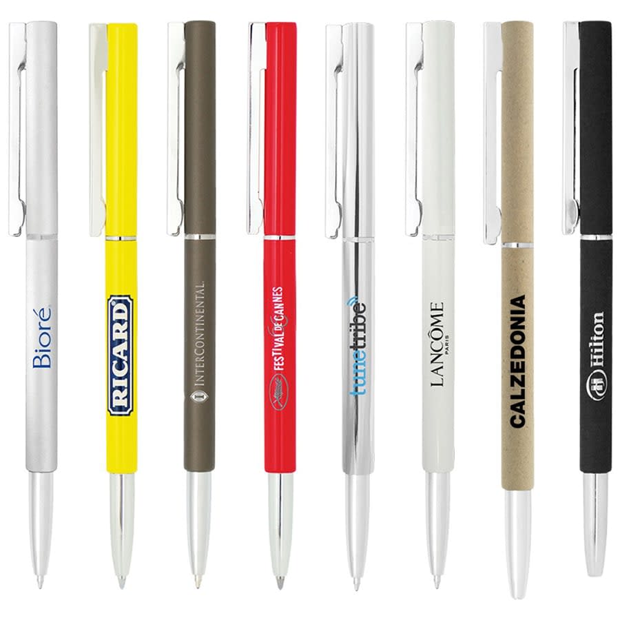 A collection of metal ball pens in various colours, featuring different logos and branding, displayed side by side.