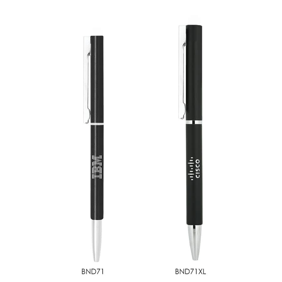 A metal ball pen in black with a silver clip. The pen features a logo on its body.