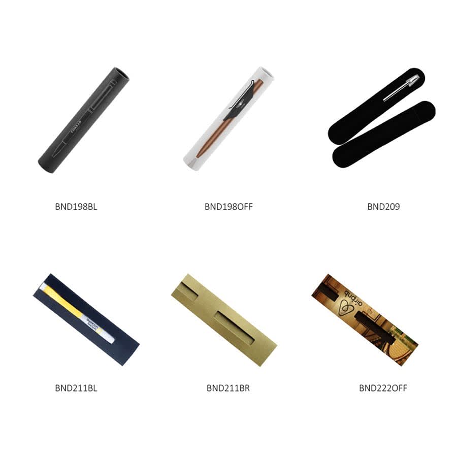 A collection of metal pens in various colours, including black, gold, and brown, each housed in individual packaging.