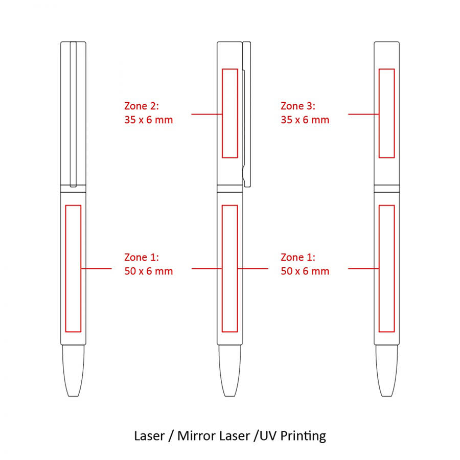A metal ball pen design in white with red detailing and zones marked for printing. The pen features a clip.