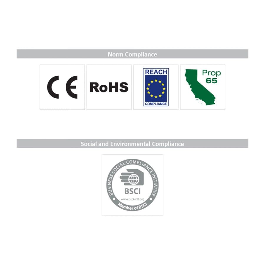 A collection of compliance logos including CE, RoHS, REACH, Proposition 65, and BSCI.