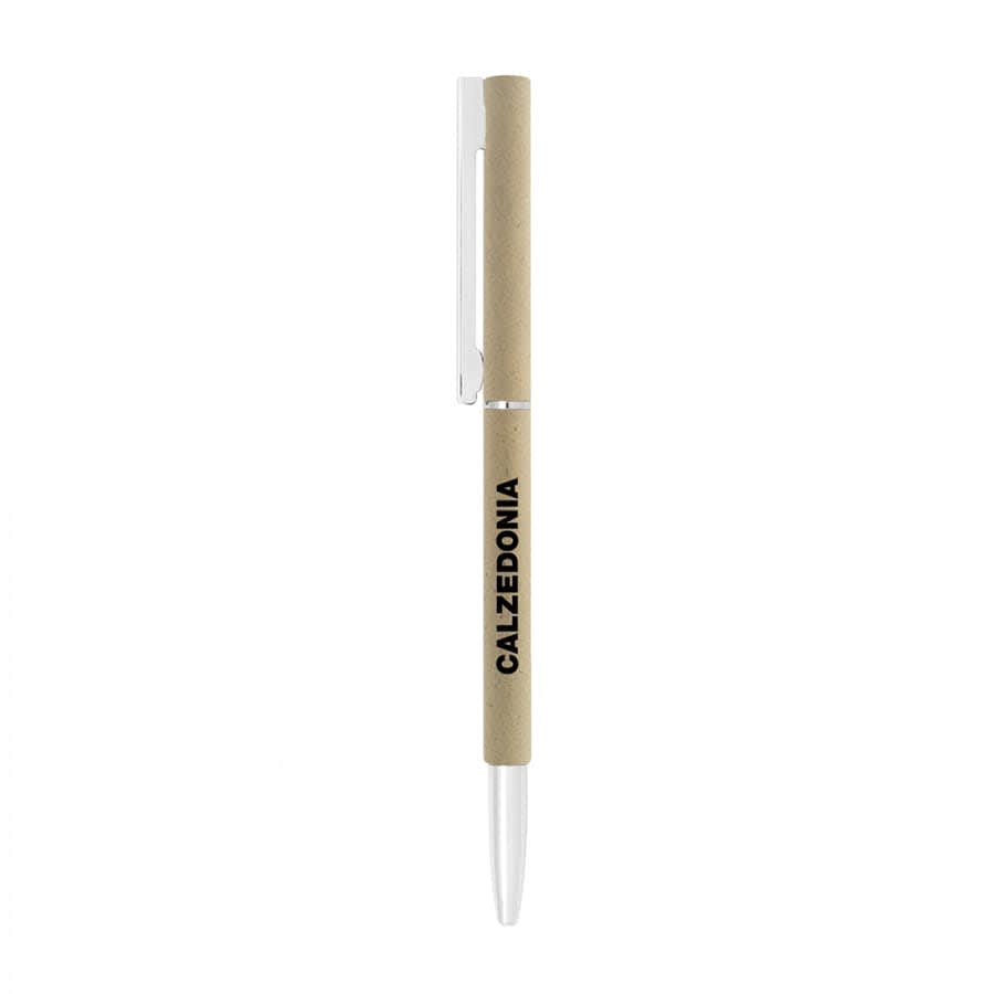A metal ballpoint pen in beige with a white tip and clip, featuring a logo on the barrel.