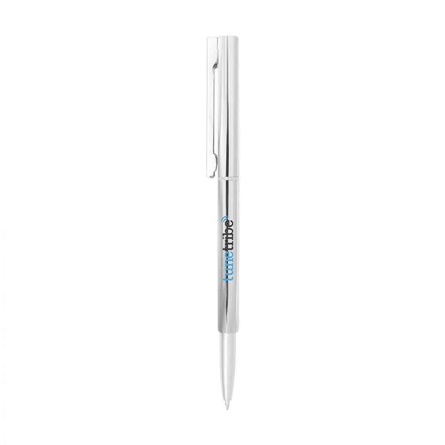 A silver metal ballpoint pen with a sleek design and a clip, featuring a logo on the body.