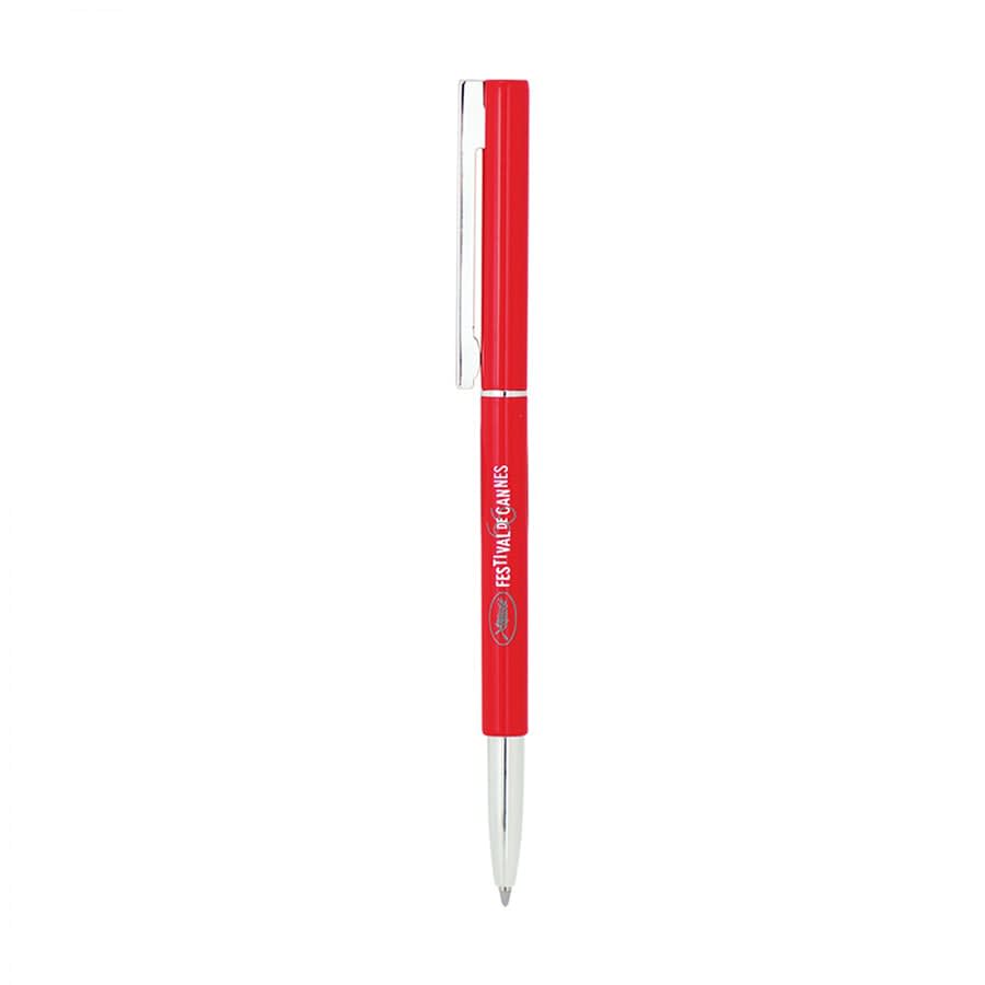 A red metal ballpoint pen with a clip and a logo, featuring a twist mechanism for writing.