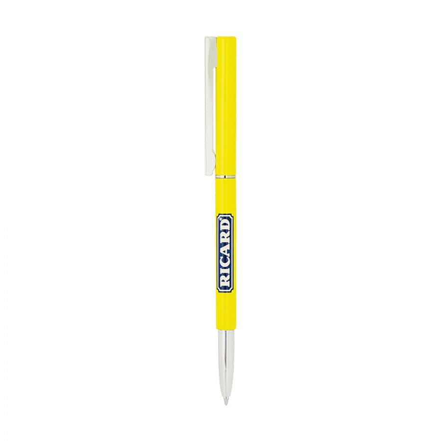A bright yellow metal ball pen featuring a clip and a branding logo.