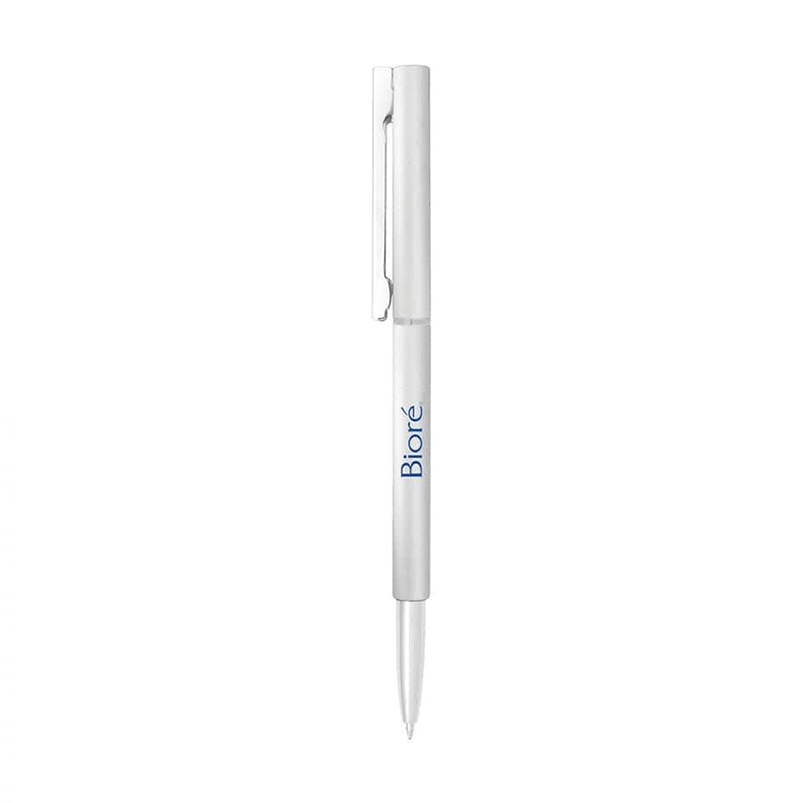 A white metal ball pen with a clip and branding, featuring a sleek design.