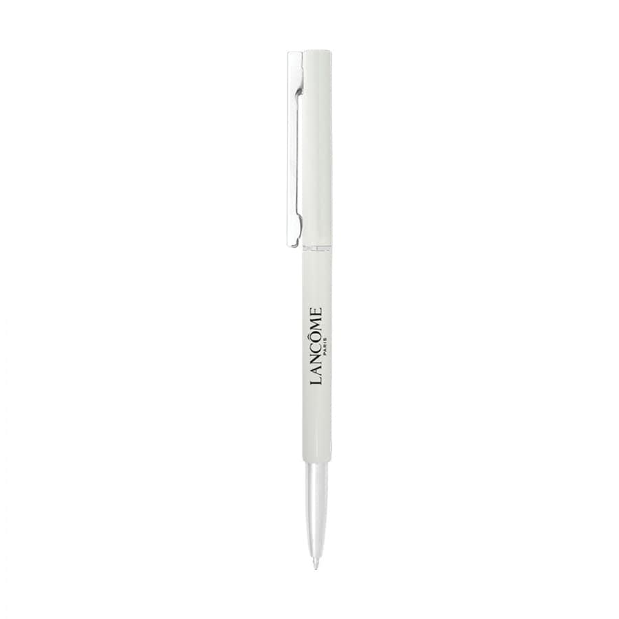 A sleek white metal ballpoint pen with a silver clip and branding. Ideal for writing tasks.