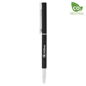 A metal pen in black with a silver clip, featuring a logo on the side.