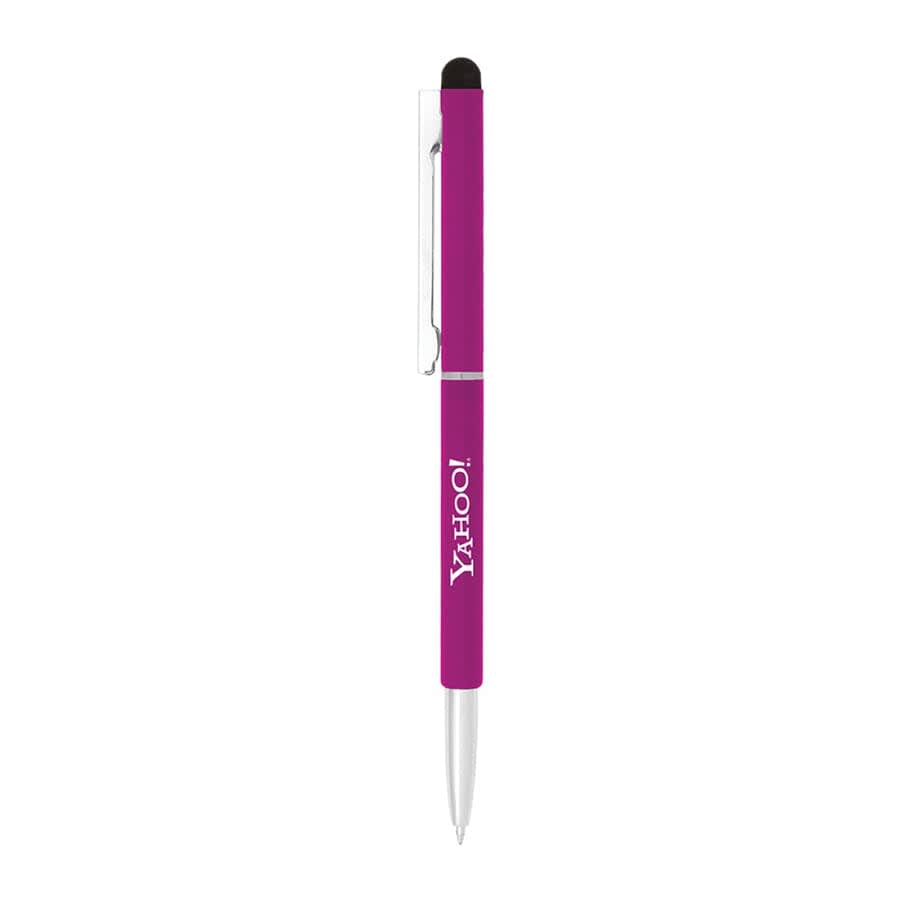 A pink metal ballpoint pen with a twist mechanism and a stylus tip, featuring a branding logo.