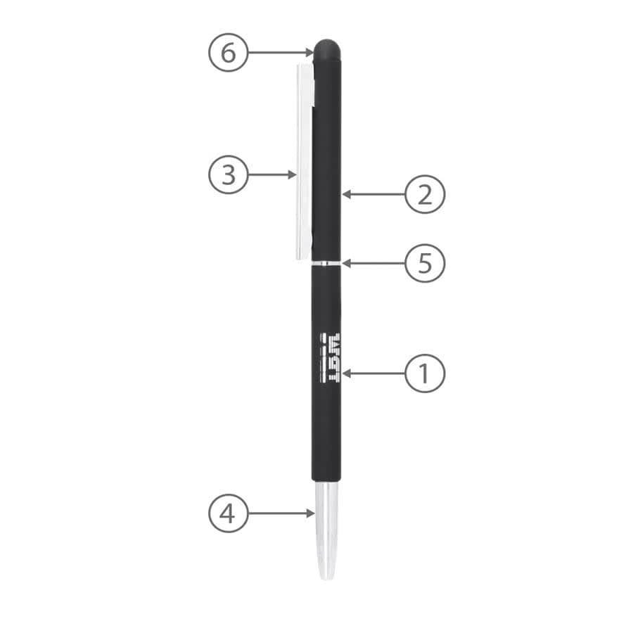 A thin black metal ballpoint pen with a silver clip and a stylus tip, featuring a logo on the barrel.