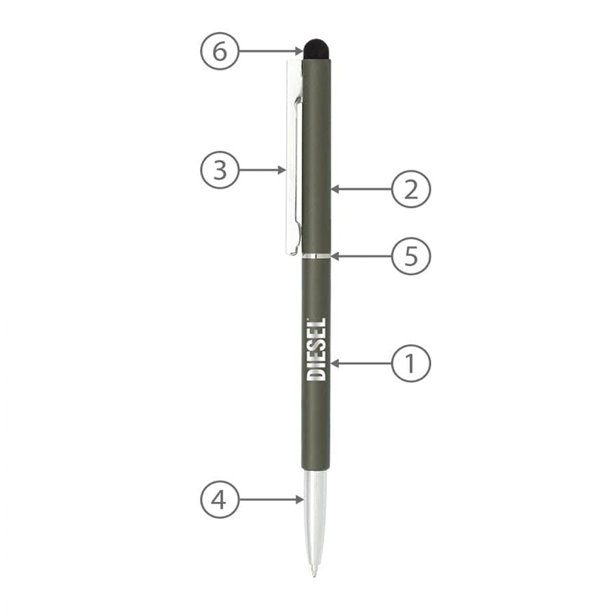 A thin metallic pen in green with a twist mechanism, a stylus tip, and a clip, featuring branding.