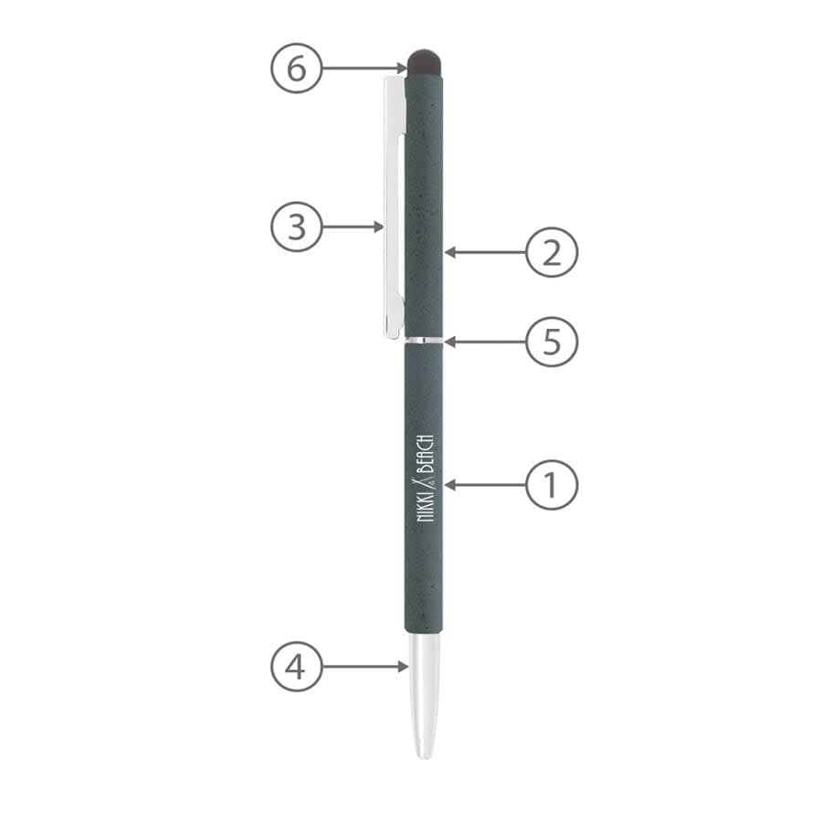 A thin, grey metal ball pen with a stylus tip, featuring a clip and a branding logo on the barrel.