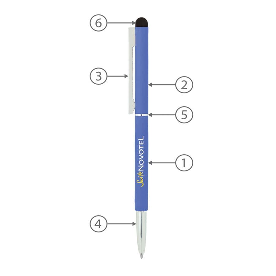 A blue metal ball pen with a stylus tip, featuring a clip and a logo.