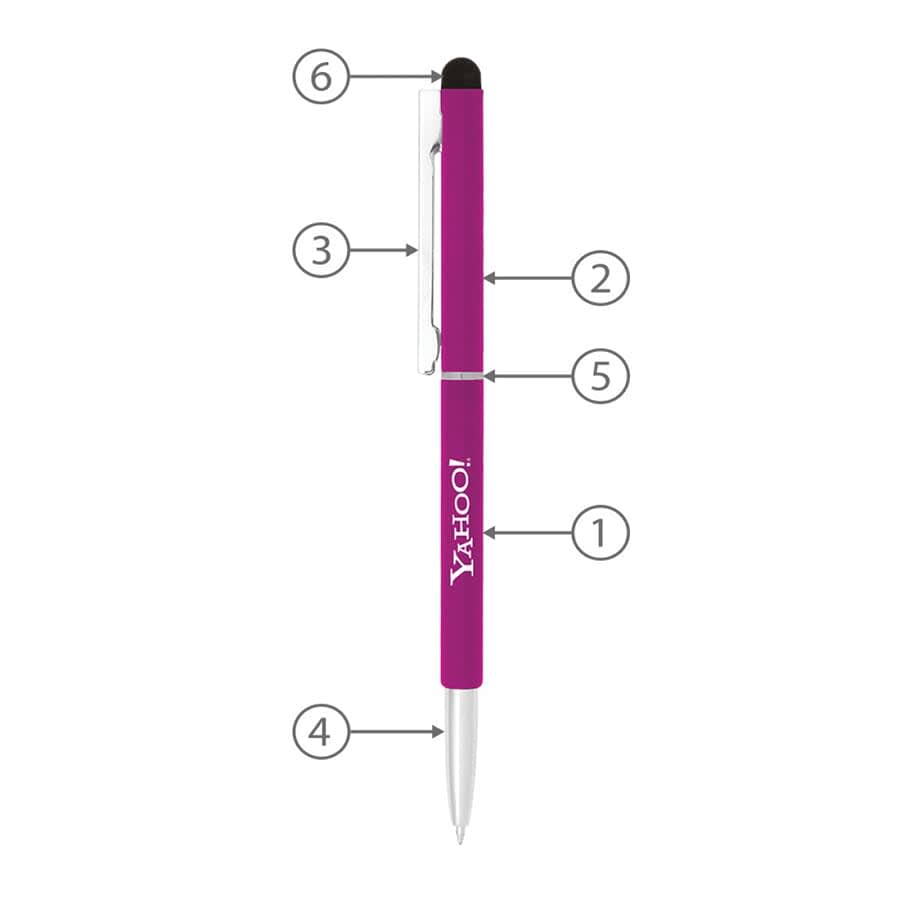 A thin, purple metal ballpoint pen with a clip and stylus tip, featuring a logo.