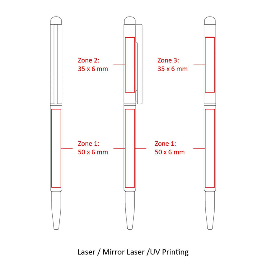A metal ballpoint pen with a thin twist design, featuring branding and multiple printing zones.