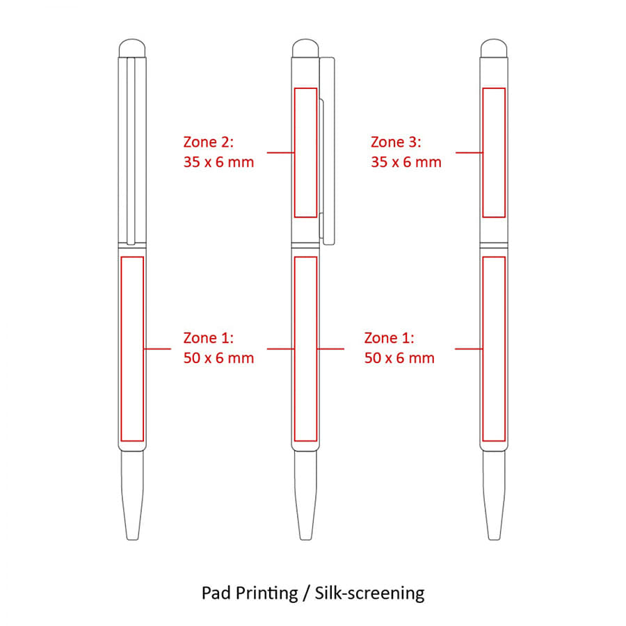 A detailed illustration of the BND71S Clap Stylus Thin Twist Metal Ball Pen, featuring various printing zones.