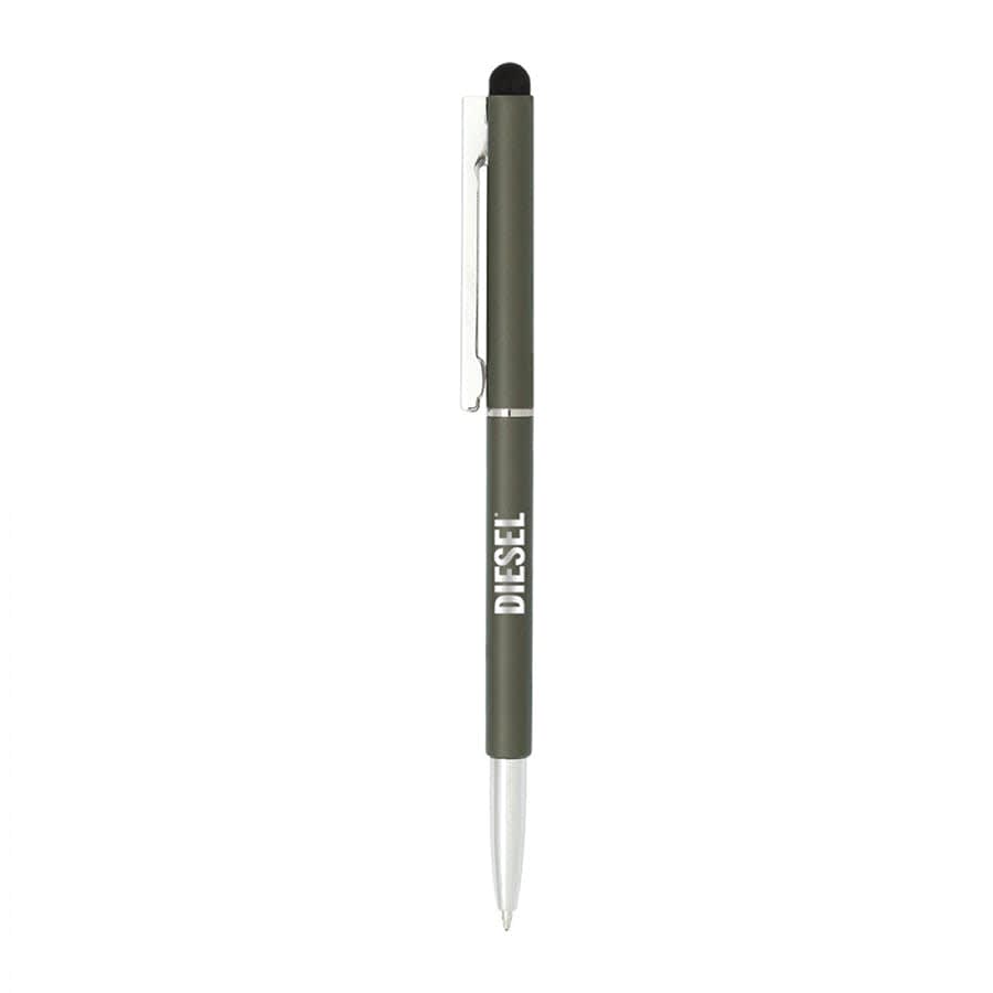 A metal ball pen in olive green with a twist mechanism and a stylus tip, featuring a logo.