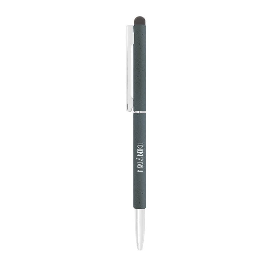 A metal ball pen in dark green, featuring a stylus tip and a sleek twist mechanism. Includes a logo.