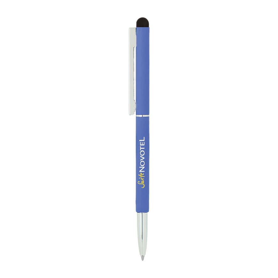 A blue metal pen with a twist mechanism and a stylus tip, featuring a logo on the barrel.