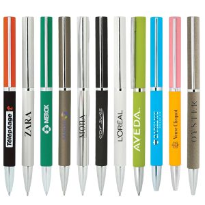 A collection of metal pens in various colours, some with branding and a shiny silver finish on the tips.
