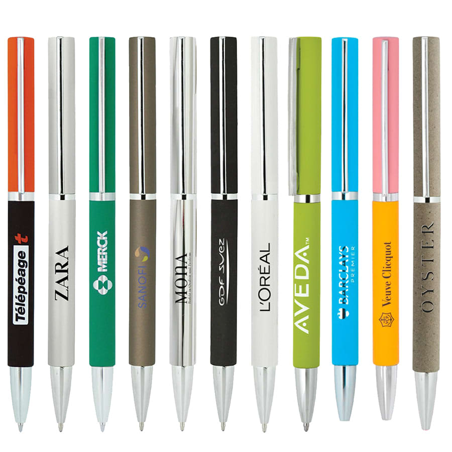 A collection of metal pens in various colours, some with branding and a shiny silver finish on the tips.