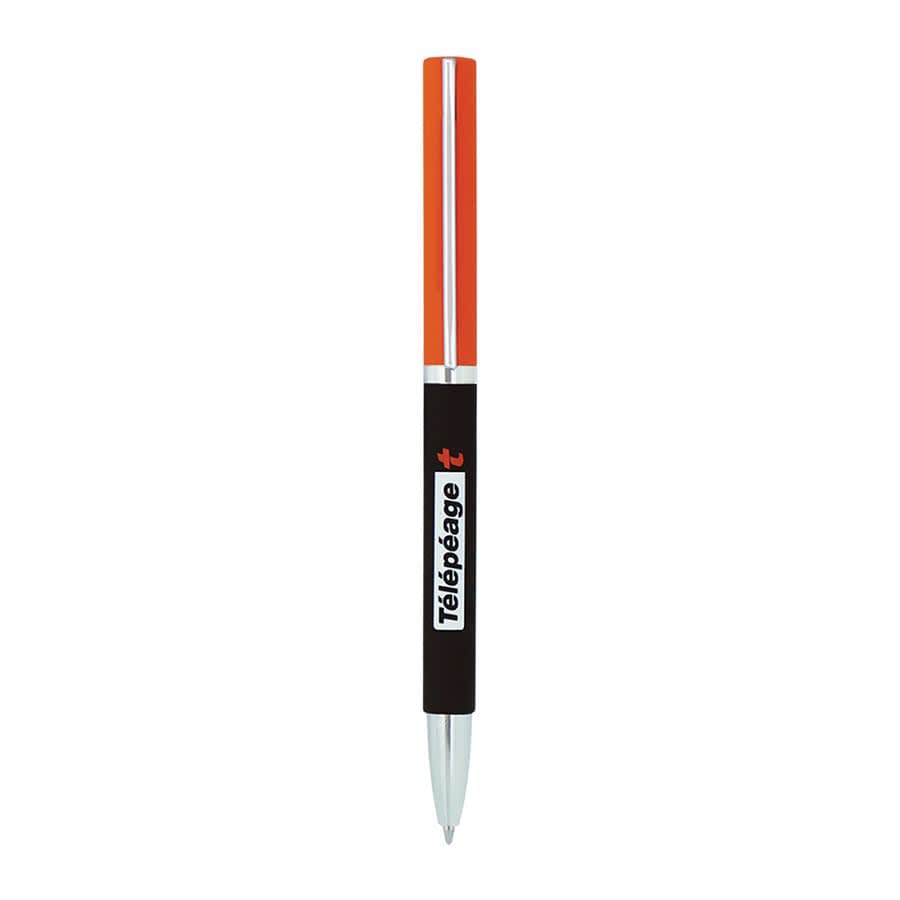A metal ball pen with an orange barrel, black grip, silver accents, and a branding logo.