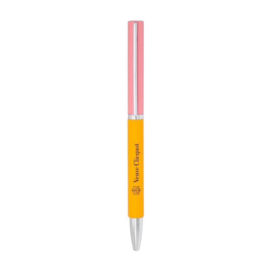 A metal ballpoint pen with a pink upper section and a yellow lower section, featuring a logo.