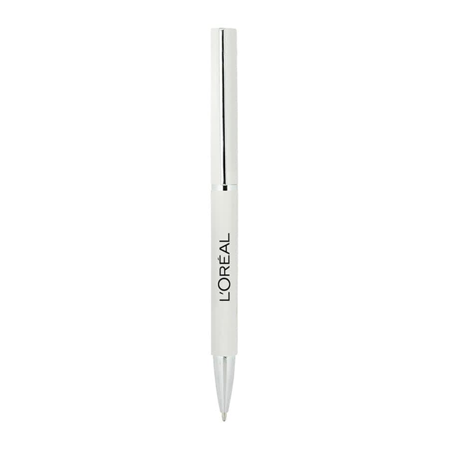 A white metal ballpoint pen with a shiny silver tip and a logo.