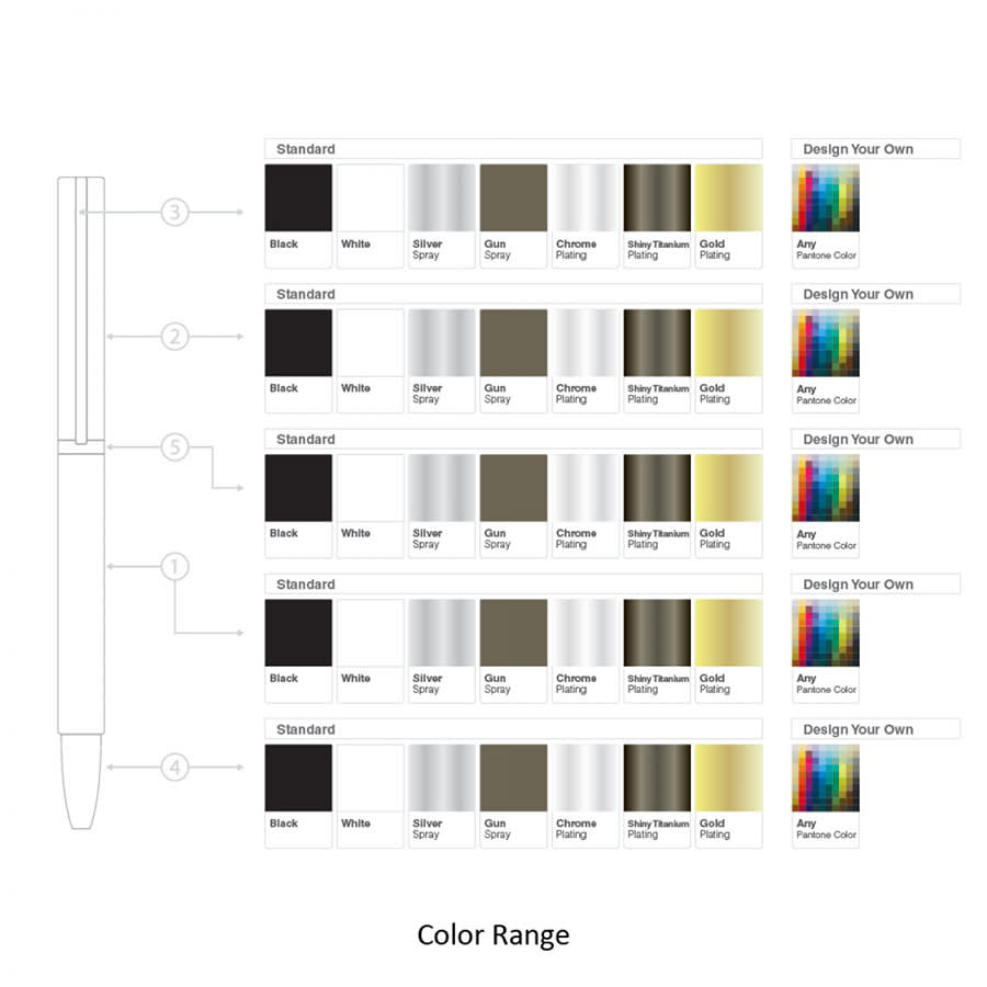 A range of metal ballpoint pens in various colours including black, white, silver, and gold, with multiple finishes available.