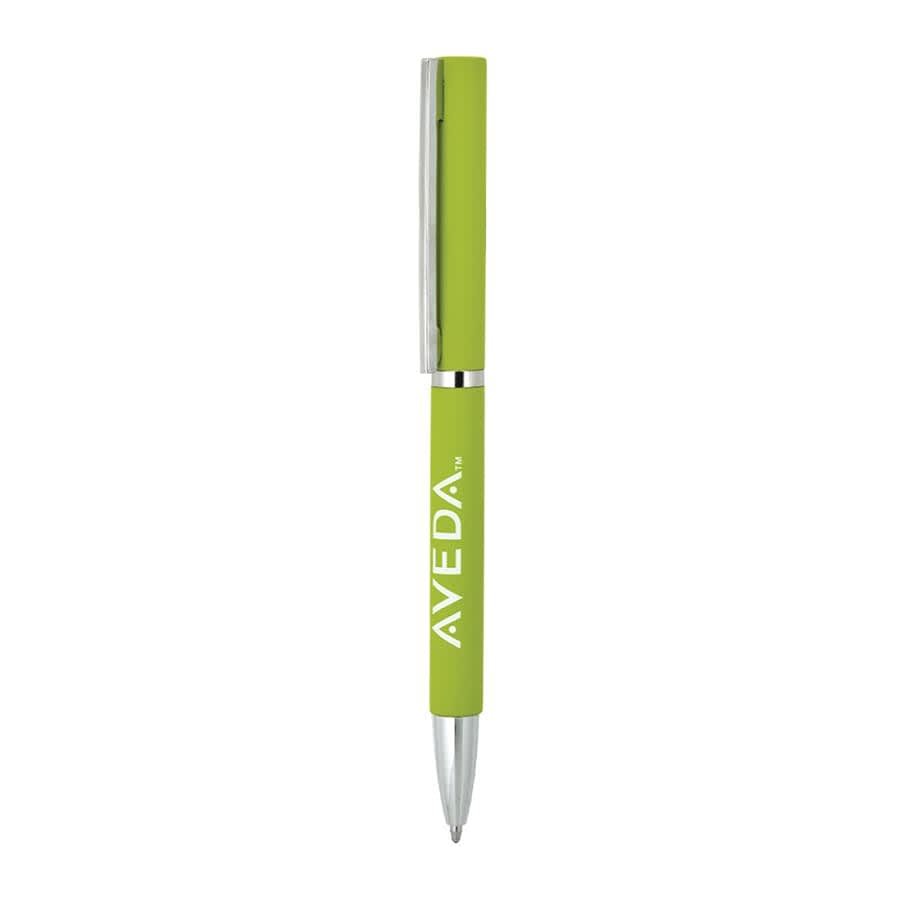 A green metal ballpoint pen with a silver clip and branding on the barrel.
