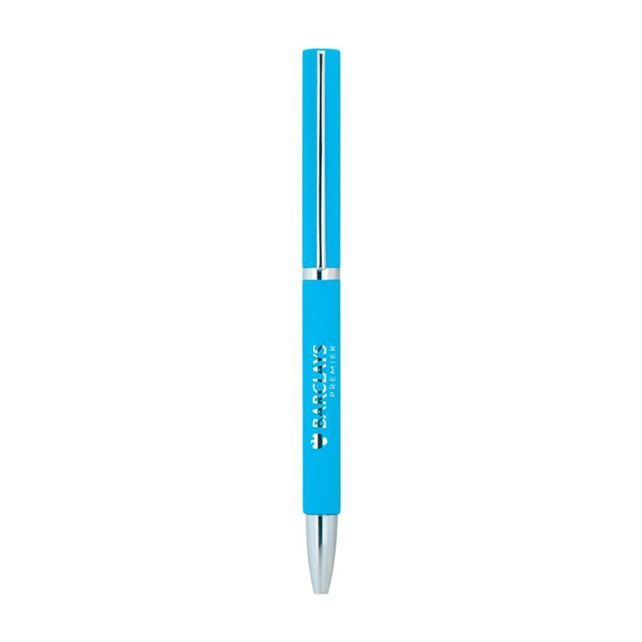 A blue metal ball pen with a shiny silver clip and a logo on the barrel.