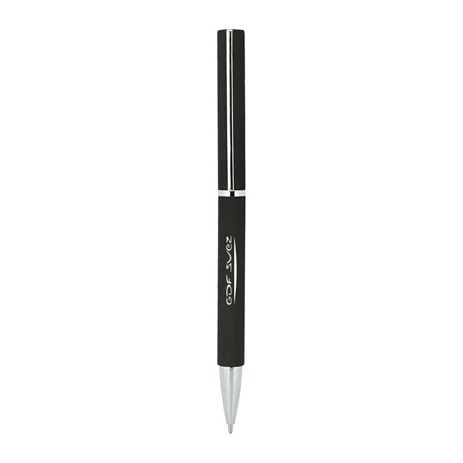 A sleek black metal ball pen with silver accents and a logo. Ideal for writing with elegance.