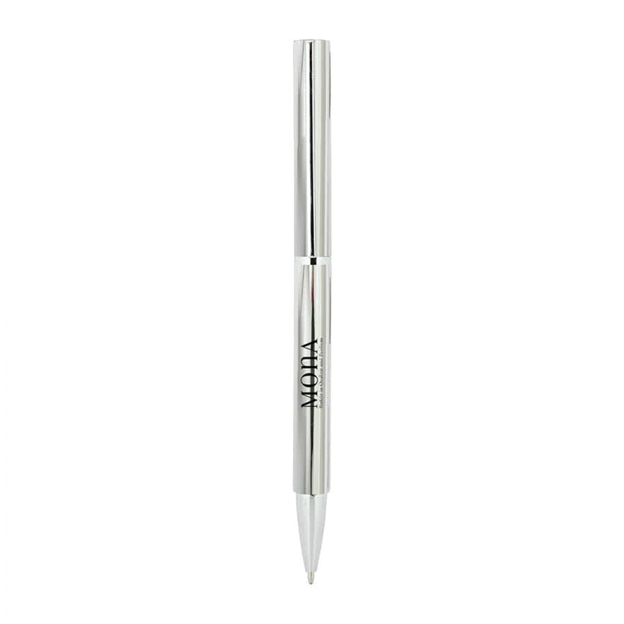 A metallic silver ballpoint pen with a polished finish and a branding logo on the barrel.