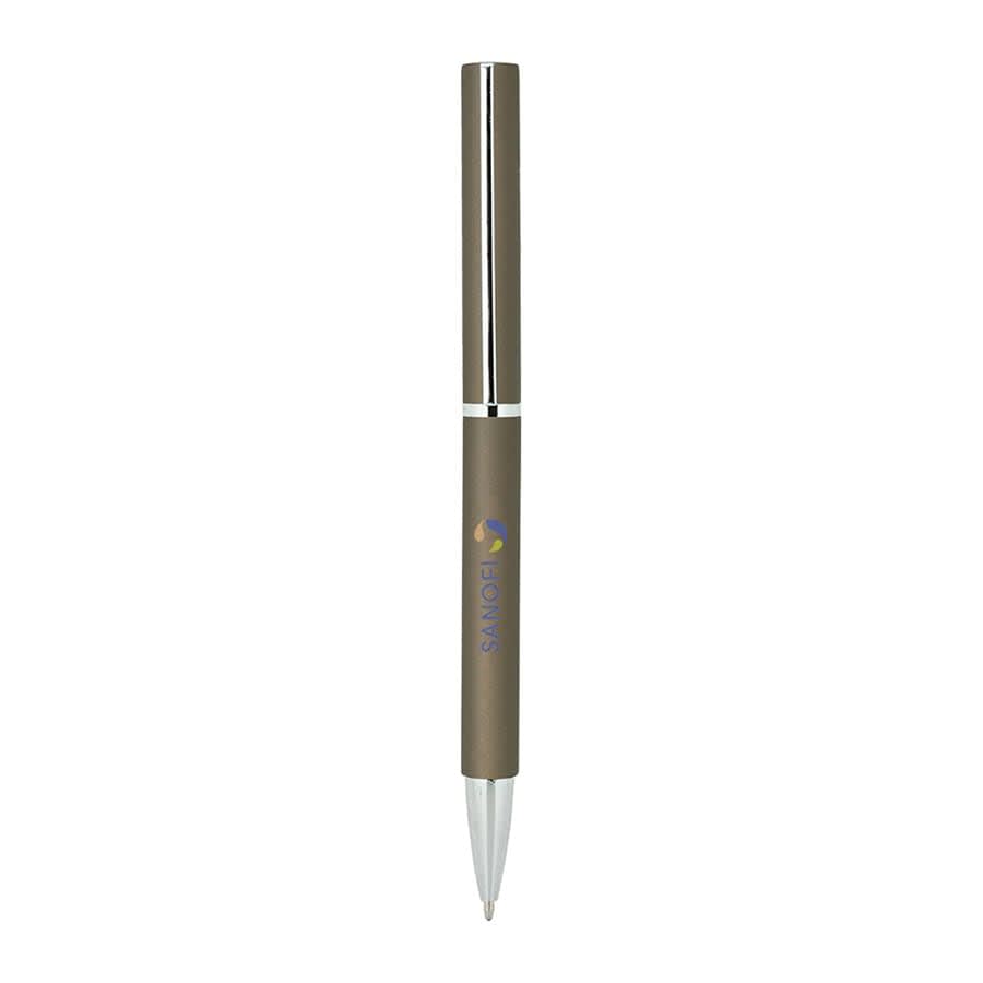 A metal ball pen in a bronze shade with a silver clip and a logo on the barrel.