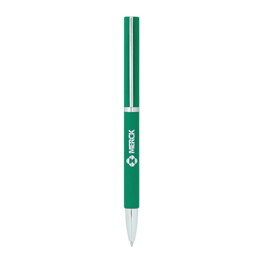 A green metal ballpoint pen with a silver tip and a logo on the side.