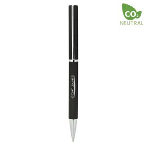 A metal pen in black with a silver tip, featuring a logo on the barrel.