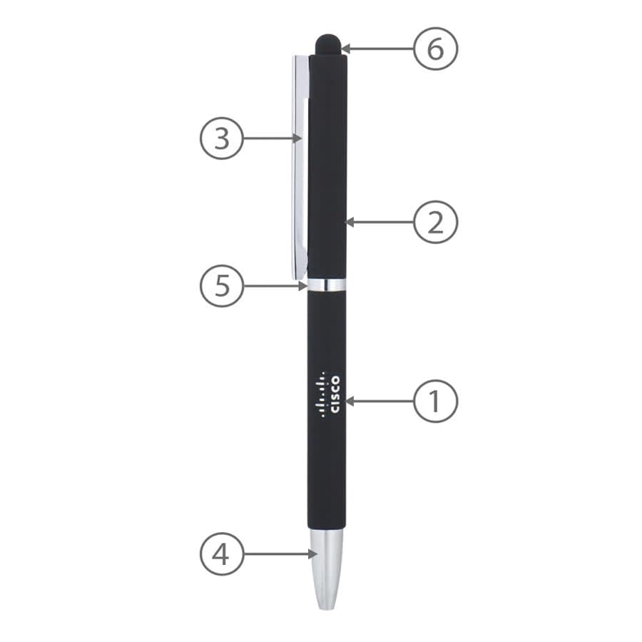 A metal ball pen with a black barrel, chrome accents, and a stylus tip at the end. It features branding.