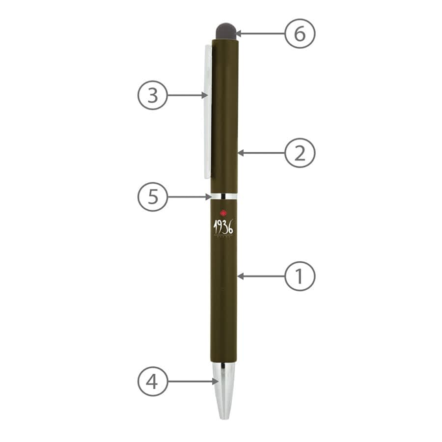 A metal ballpoint pen in dark green with a stylus tip, featuring a clip and branding.