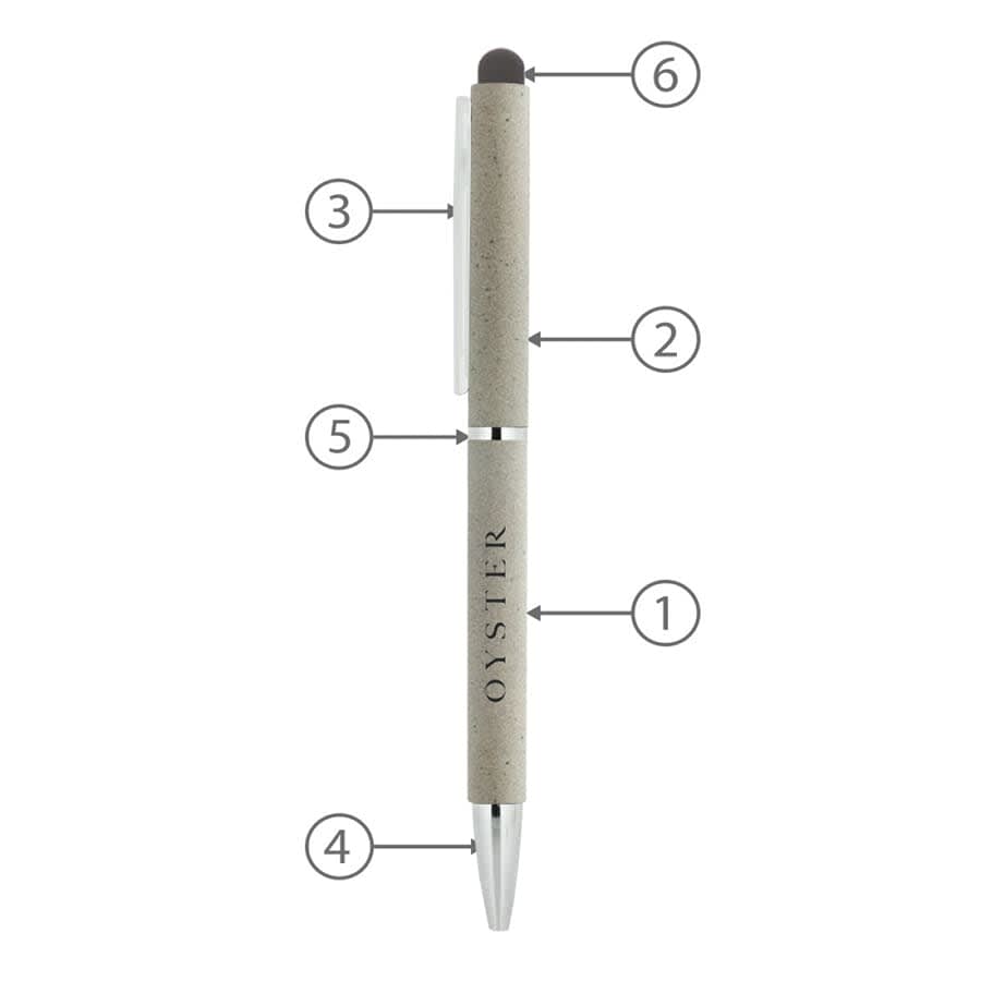 A metal ballpoint pen in grey with a stylus tip and branding, featuring a twist mechanism.