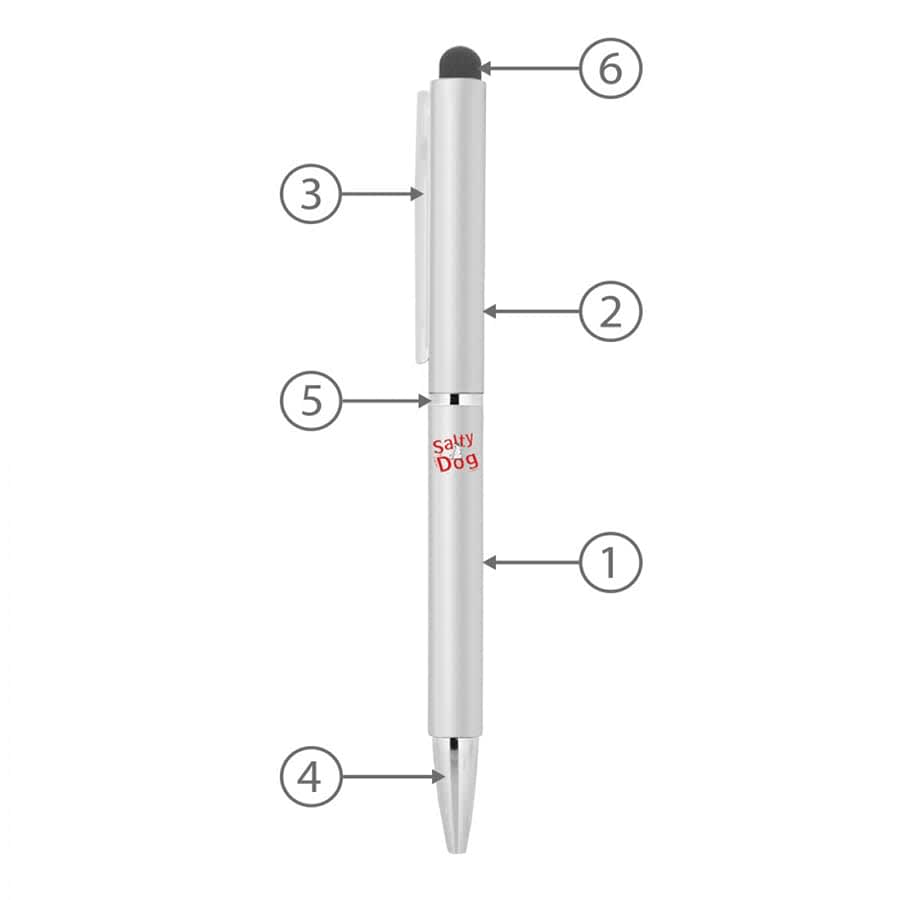 A metal ballpoint pen with a twist mechanism, featuring a stylus tip and a white body with a logo.