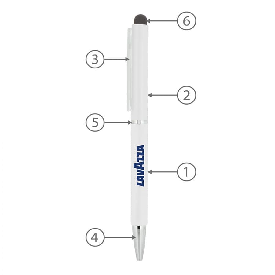 A white metal ball pen with a stylus tip, featuring a clip and a logo. The pen has a shiny silver finish on the tip.