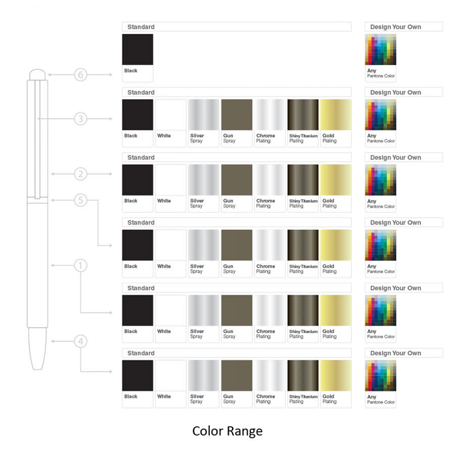A collection of metal ball pens in various colours, showcasing options for black, white, silver, and gold finishes.