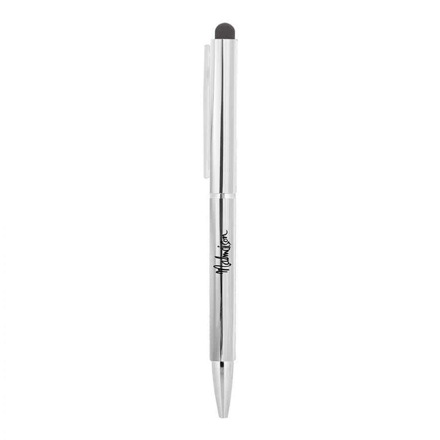 A silver metal ballpoint pen with a twist mechanism and a stylus tip. It features a branding logo.