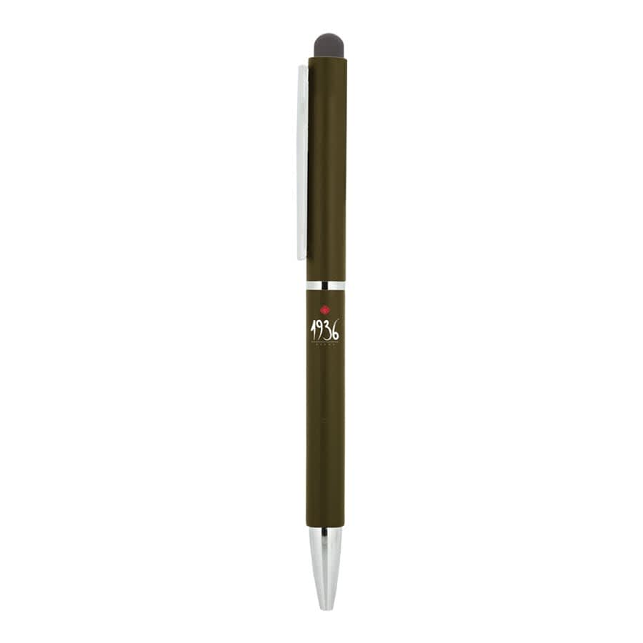 A green metal ballpoint pen with a stylus tip and silver accents, featuring a logo on its body.