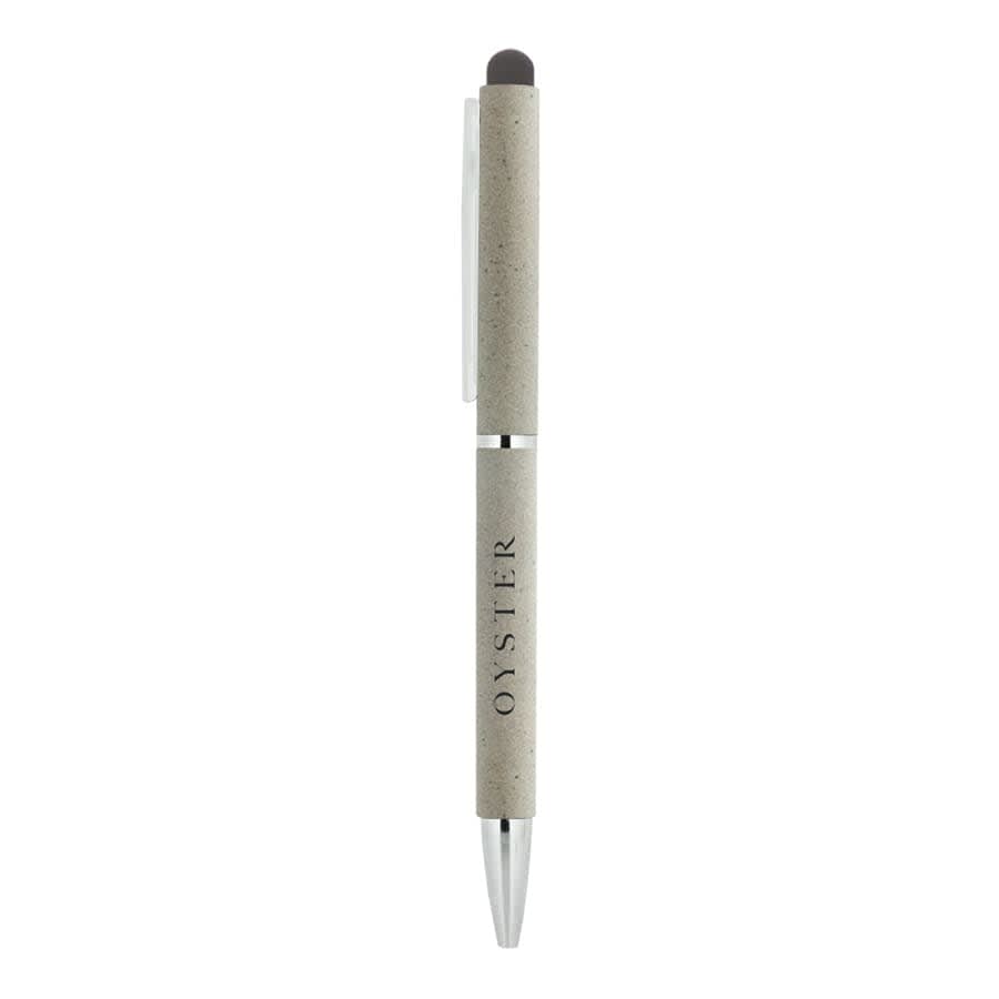 A metal ball pen in grey with a touch screen stylus and a logo.