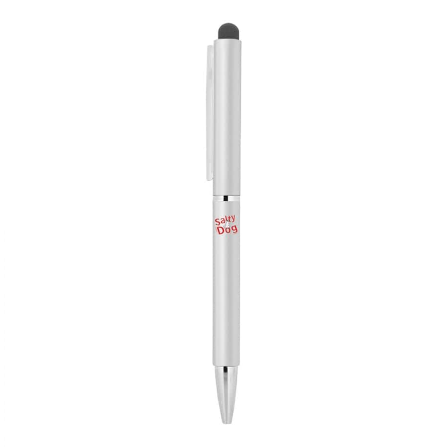 A silver metal ball pen with a twist mechanism and a stylus tip, featuring a logo.