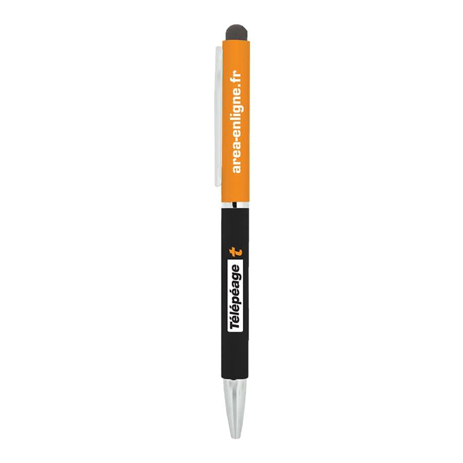 A metal ball pen featuring a twist mechanism, black body, and orange accent with a logo.