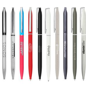 A collection of metal ballpoint pens in various colours, including silver, blue, pink, black, white, grey, and green, with logos.