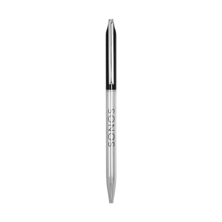 A sleek metal ball pen in silver and clear colours, featuring a branding logo. Perfect for writing tasks.